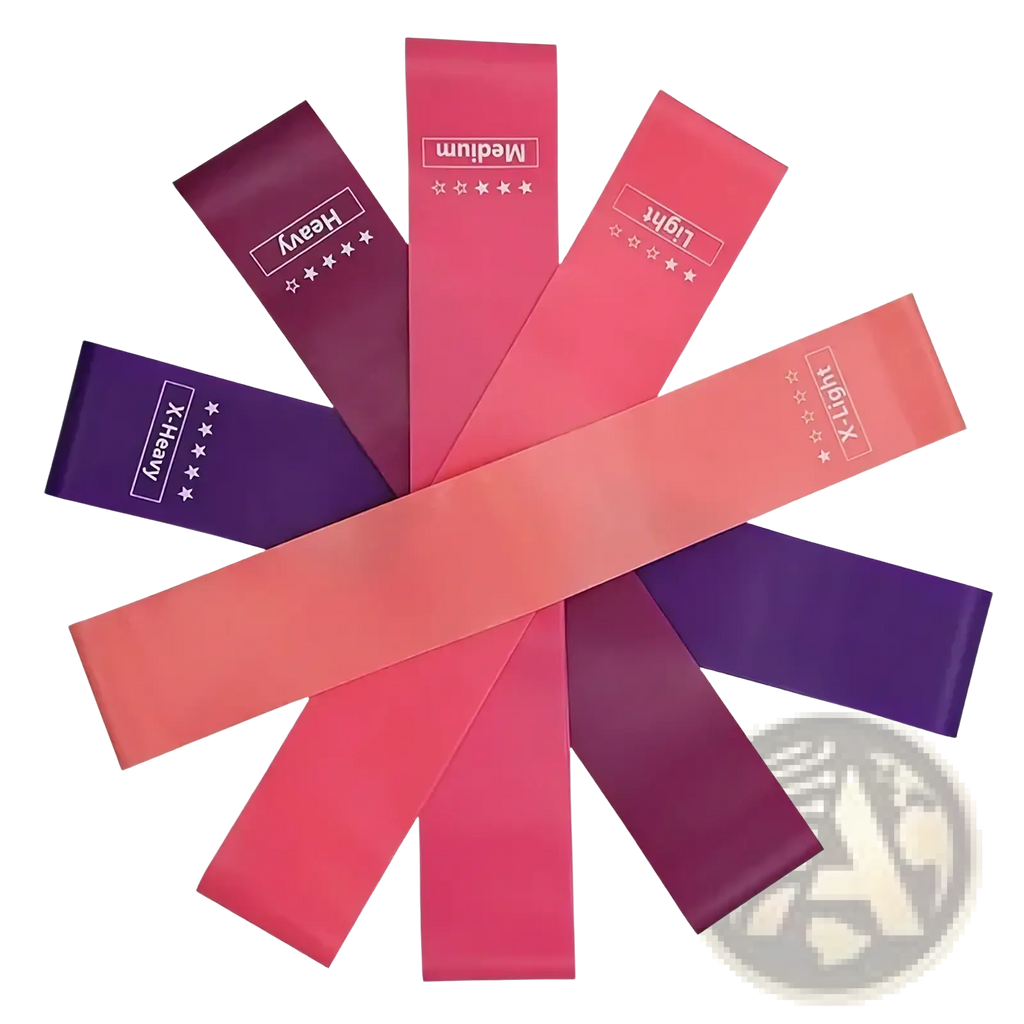 A set of colorful elastic resistance bands in pink purple and red gradient labeled with weight for fitness and pilates