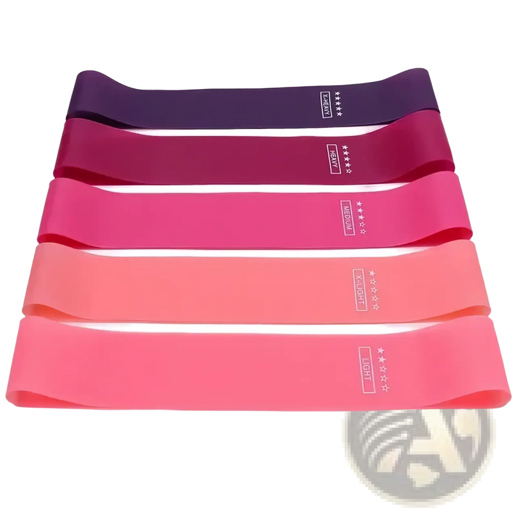 Set of five colorful resistance bands in gradient purple to pink labeled with resistance levels for fitness and Pilates