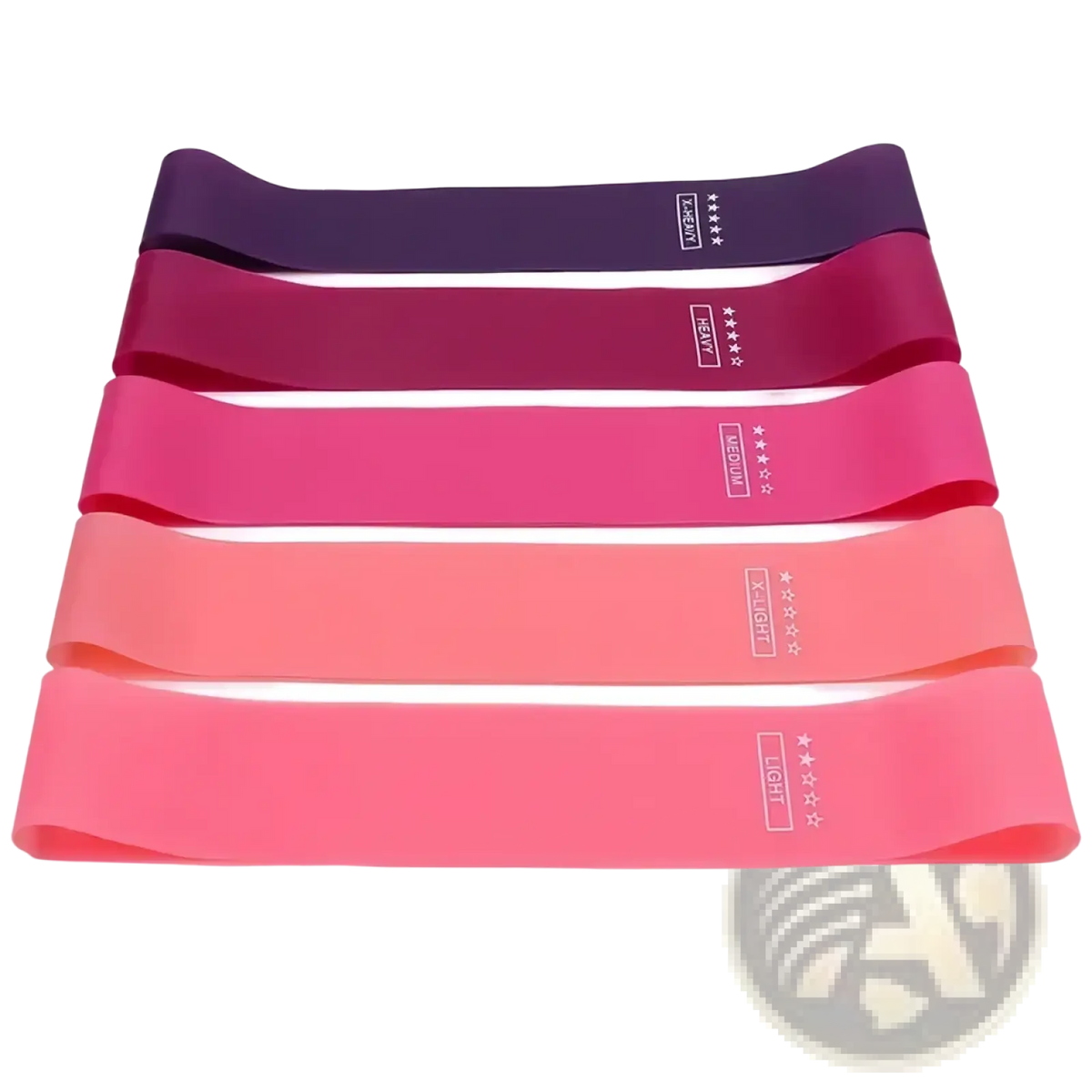 Set of five colorful resistance bands in gradient purple to pink labeled with resistance levels for fitness and Pilates