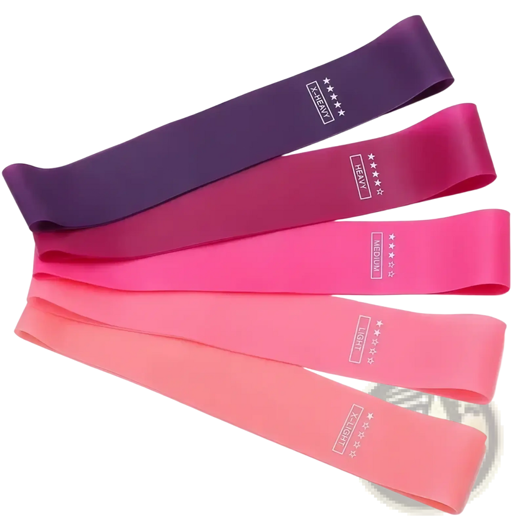 Set of five gradient-colored resistance bands in purple pink and coral with white weight level labels for fitness and pilates