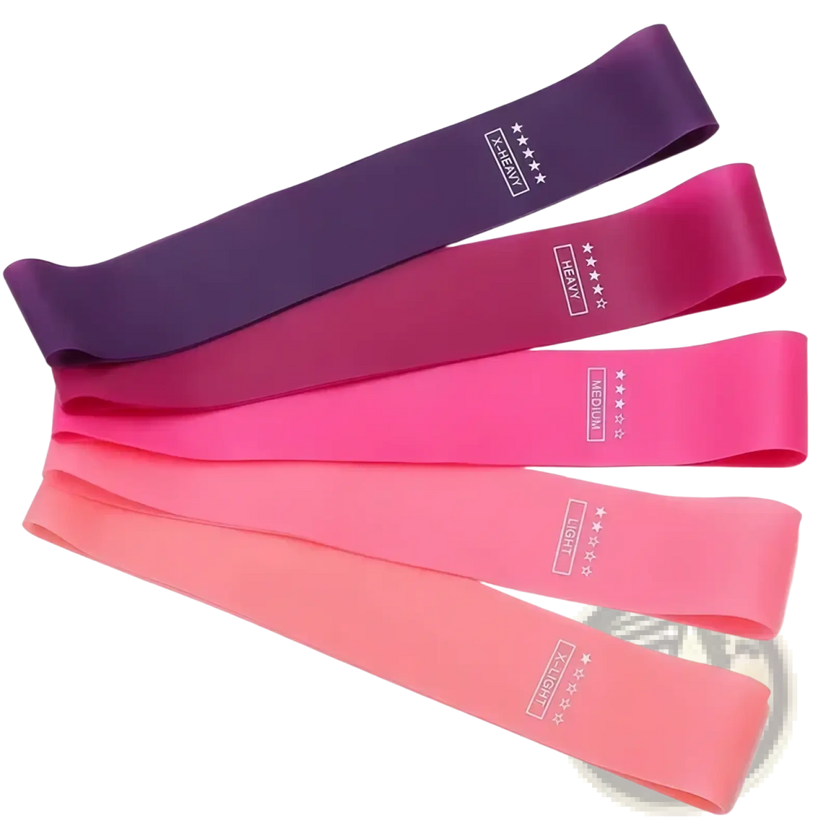 Set of five gradient-colored resistance bands in purple pink and coral with white weight level labels for fitness and pilates