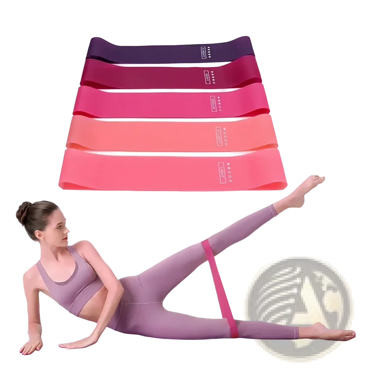 Set of five gradient pink to purple resistance bands for fitness and pilates with a woman using one band for exercise