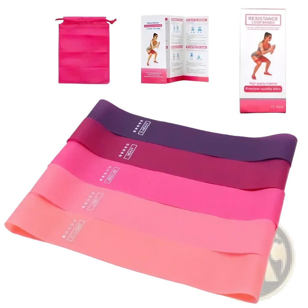 Resistance bands set for fitness and pilates with five vibrant pink and purple loop bands and white branding
