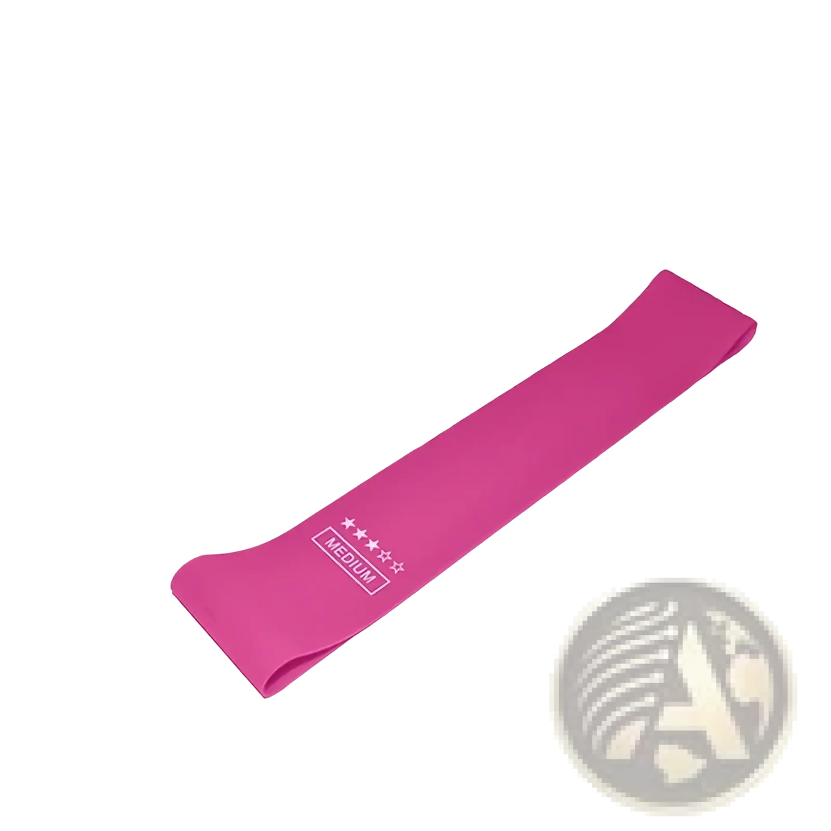 A vibrant pink medium-resistance rubber resistance band with white markings for fitness and pilates use