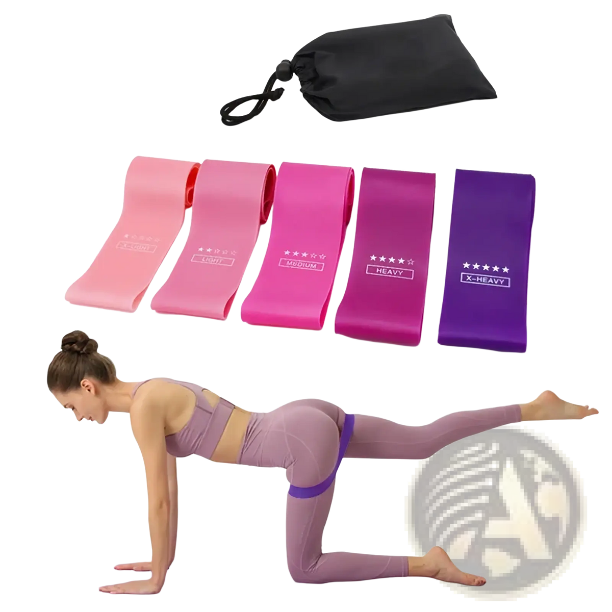 Set of five colorful resistance bands in pink magenta and purple with printed weight indicators for fitness and Pilates