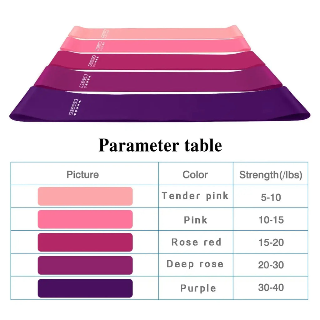 Set of five gradient pink to purple resistance bands with branded logo for fitness and pilates workout use