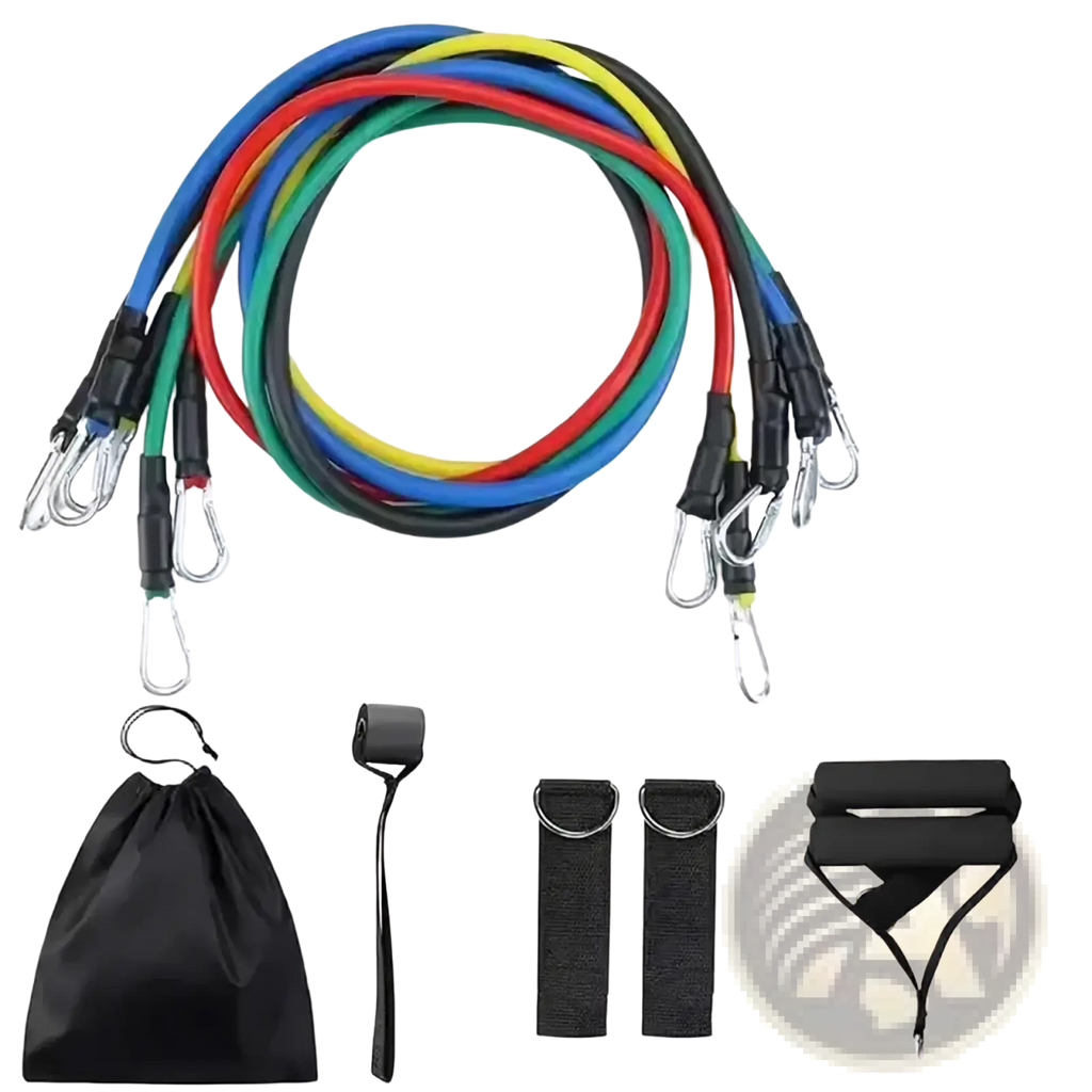 Set of 11 colorful resistance bands with varying weights and black accessories for fitness pull rope workouts