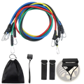 Set of 11 colorful resistance bands with varying weights and black accessories for fitness pull rope workouts