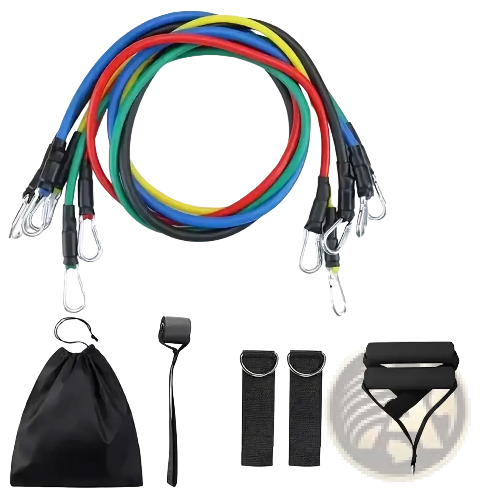 Set of 11 colorful resistance bands with varying weights and black accessories for fitness pull rope workouts