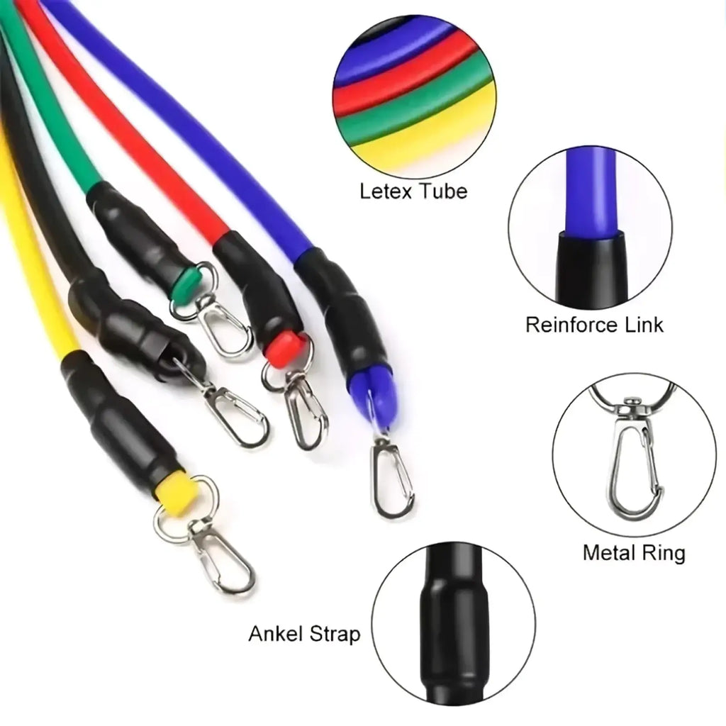 Colorful resistance bands set with black handles and metal carabiner clips for fitness pull rope workout equipment