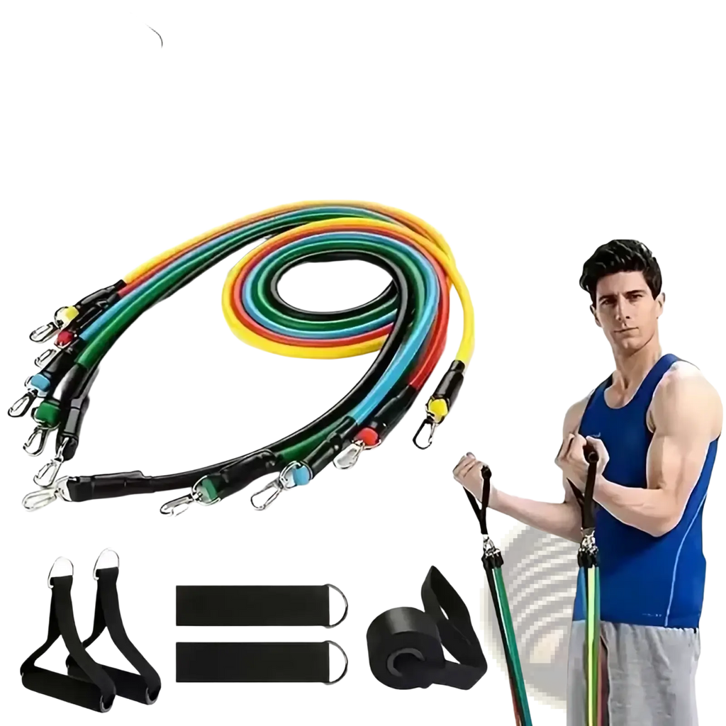 A set of colorful elastic resistance bands with metal hooks and black handles for fitness workout equipment