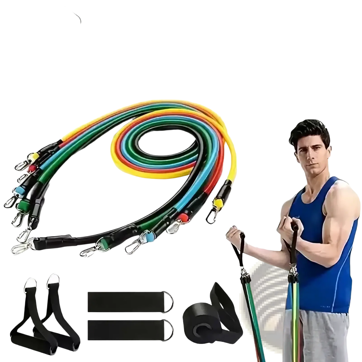 A set of colorful elastic resistance bands with metal hooks and black handles for fitness workout equipment