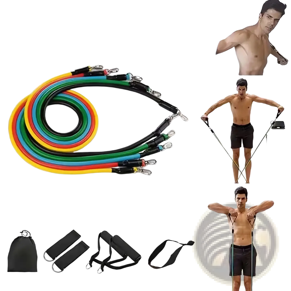 Set of colorful resistance bands with metal hooks and black fabric attachments for fitness pull rope workouts