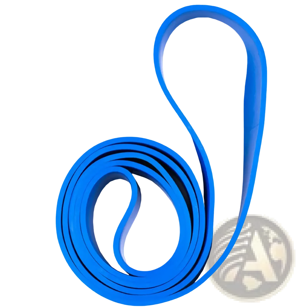 Bright blue smooth and flexible resistance band with consistent width for fitness and training use