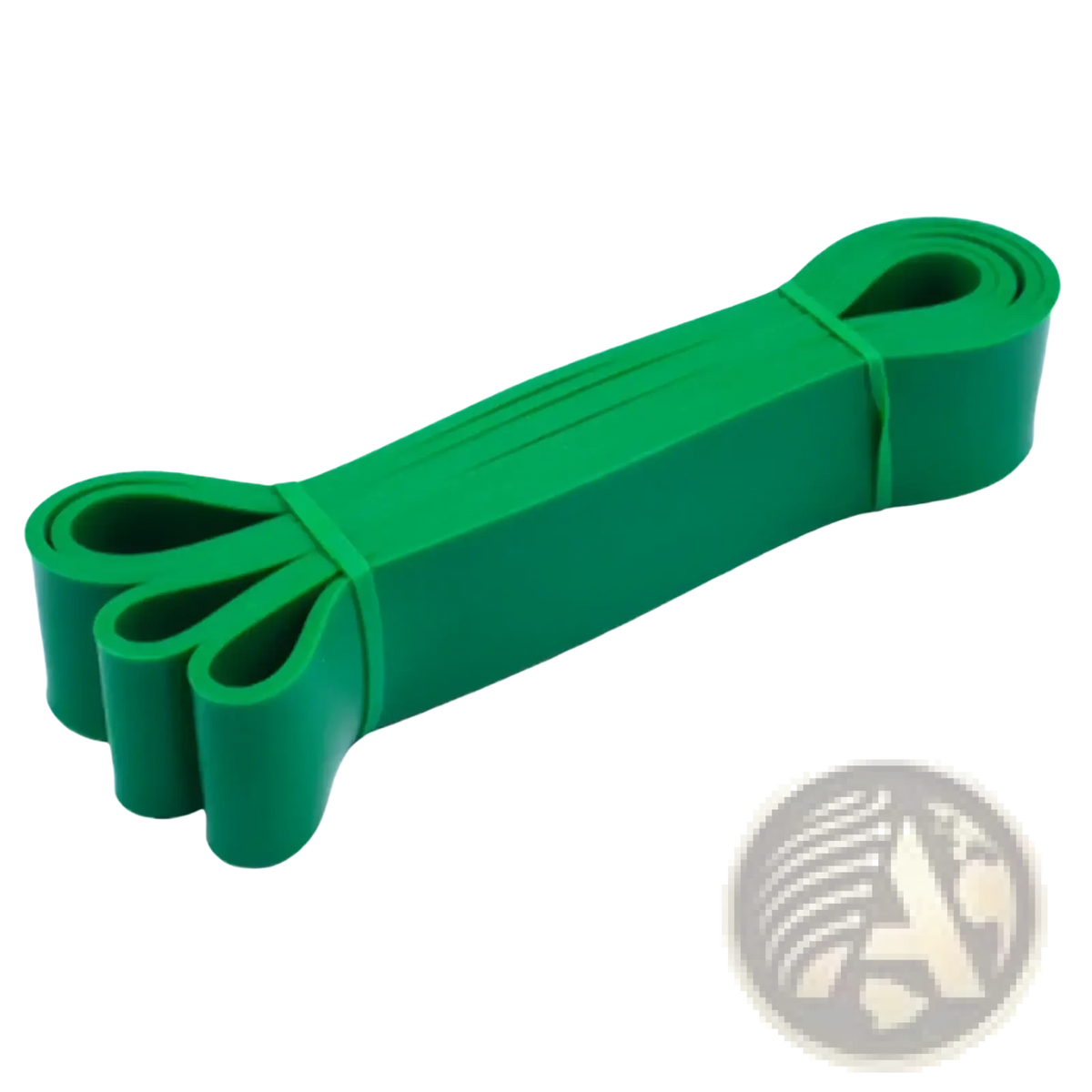 Green resistance band made of elastic rubber with smooth finish and reinforced ends for fitness and training use