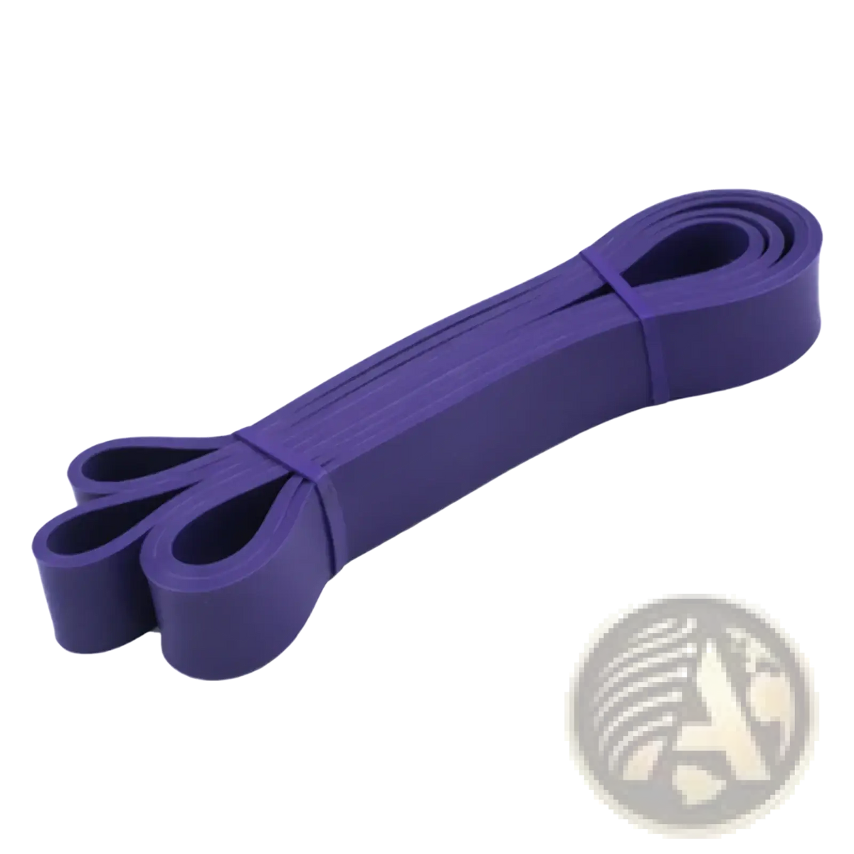 Purple rubber resistance band with a smooth matte finish, coiled neatly, for fitness and training use