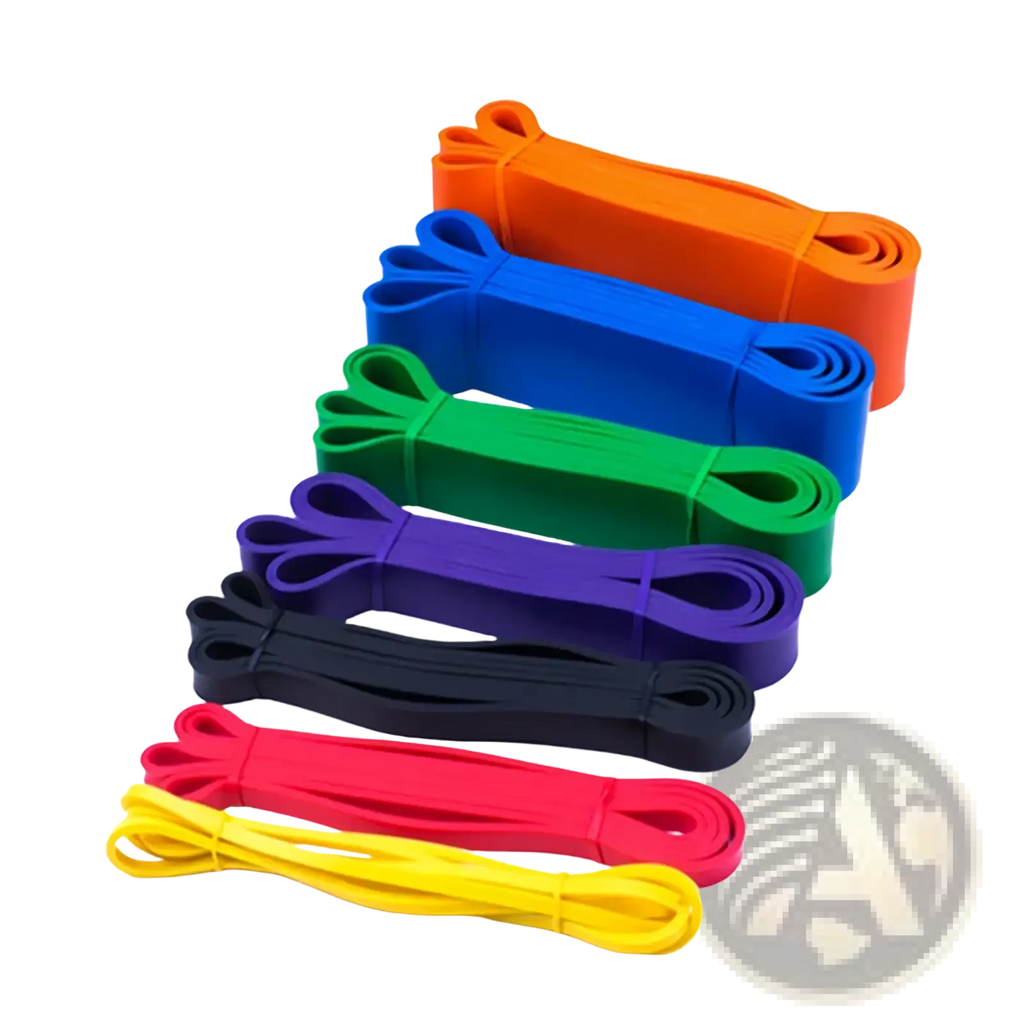 A set of seven colorful resistance bands in vibrant orange blue green purple black red and yellow for fitness training