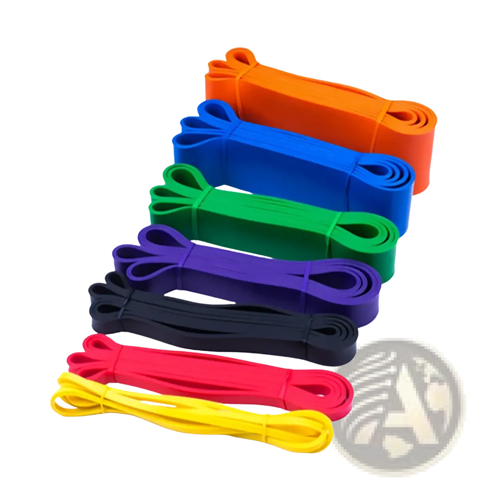 A set of seven colorful resistance bands in vibrant orange blue green purple black red and yellow for fitness training