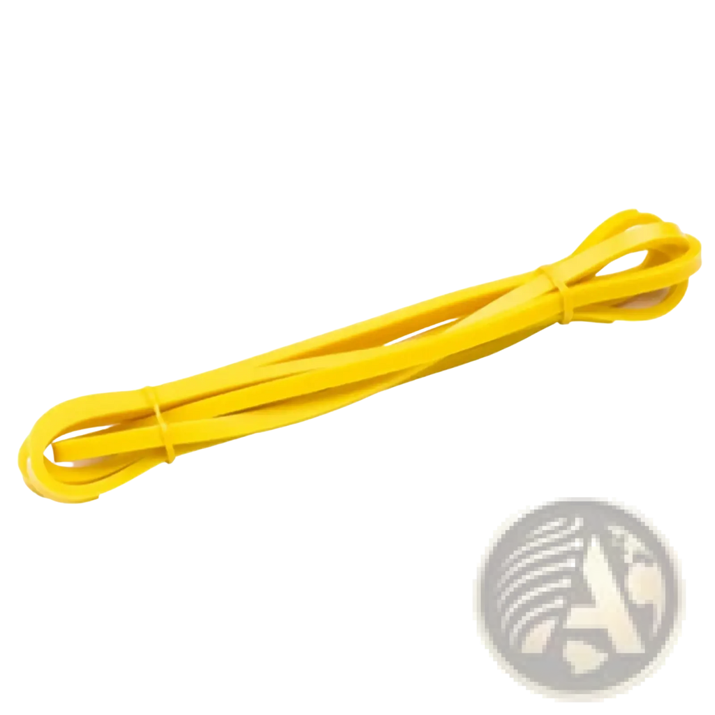 Bright yellow resistance band for fitness and training with smooth plastic texture, coiled neatly in the resistance bands set