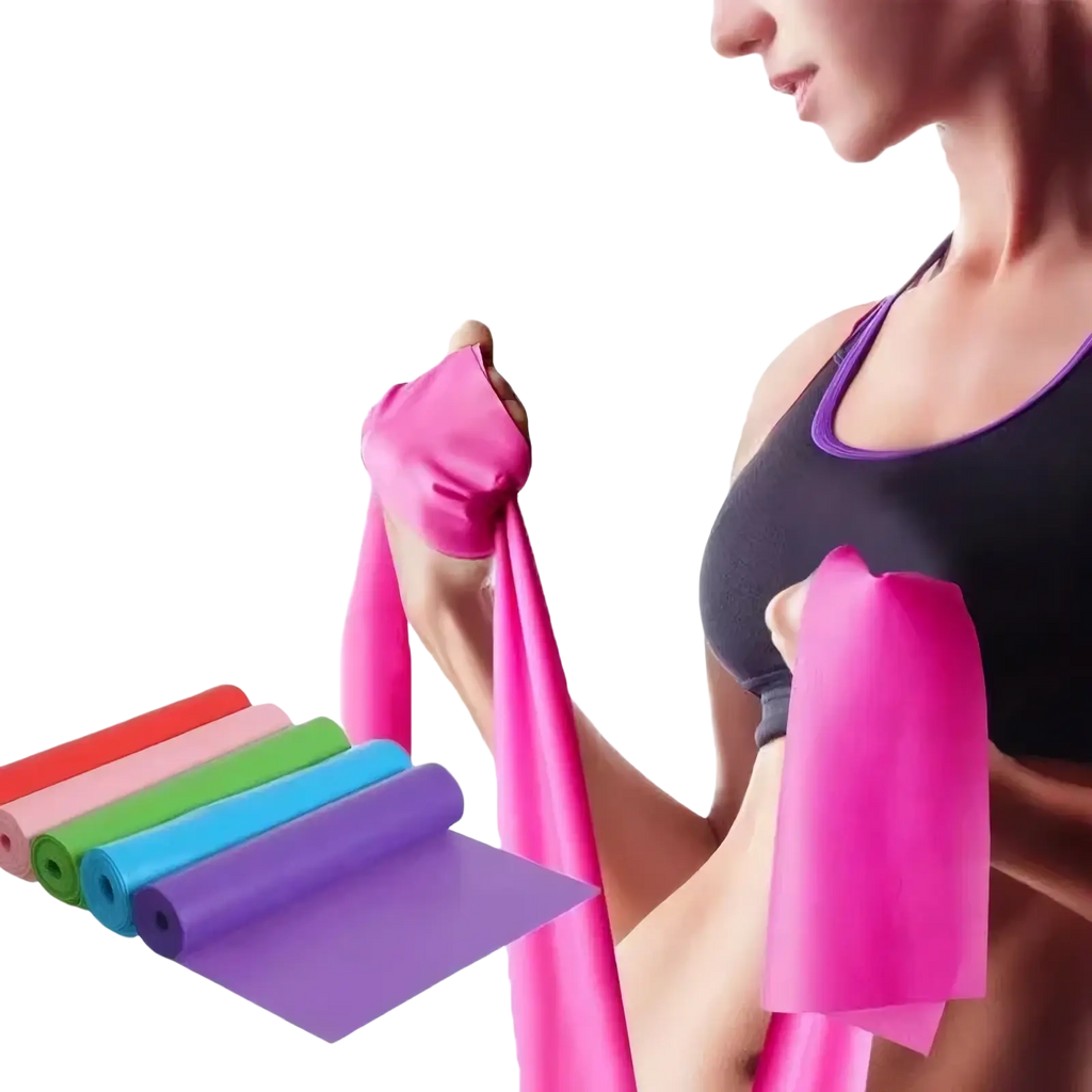 Bright pink resistance band held in a woman’s hands with rolled red orange green blue and purple bands for fitness yoga
