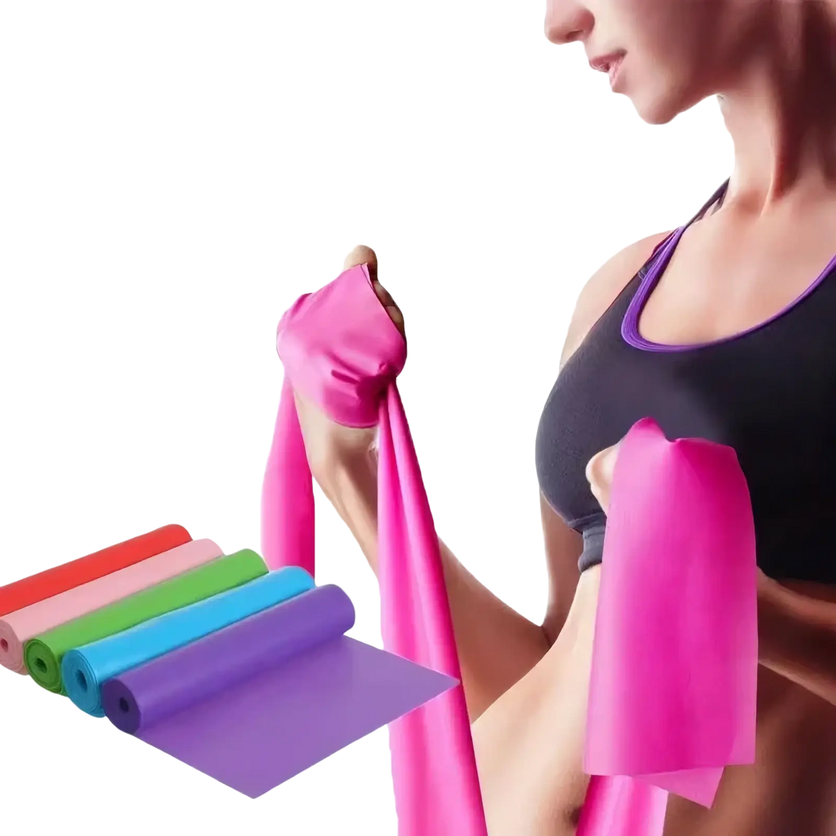 Bright pink resistance band held in a woman’s hands with rolled red orange green blue and purple bands for fitness yoga