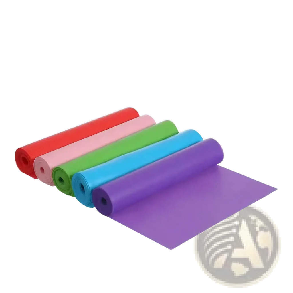 A set of five colorful rolled yoga mats in red pink green blue and purple for fitness yoga and stretching