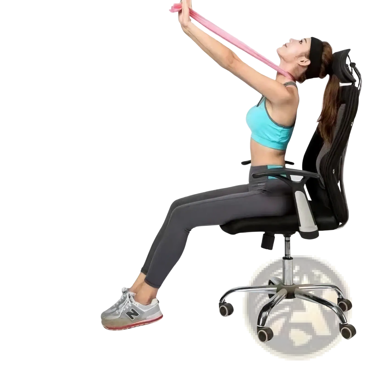 Pink resistance band made of durable material used for neck stretching exercise in resistance bands set for fitness yoga and stretching