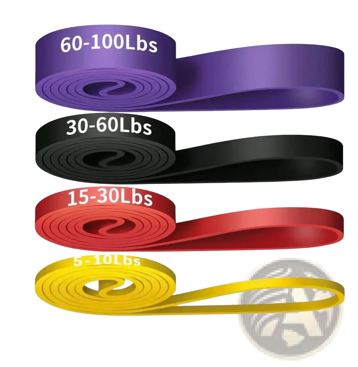 Set of four resistance bands in purple black red and yellow with weight ratings for fitness and yoga training