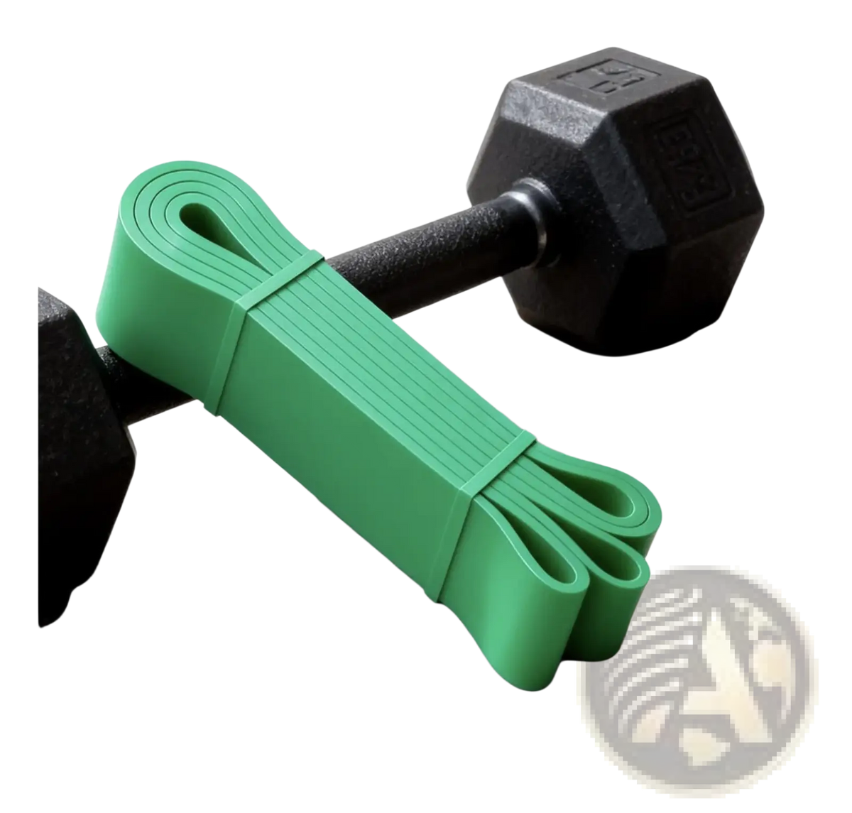 Green resistance band made of durable material coiled and secured with strap for fitness and yoga training use