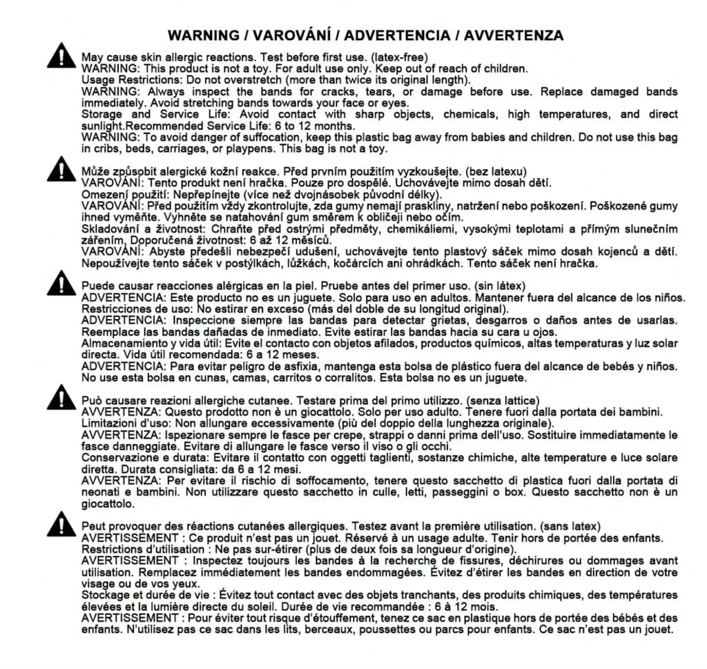The back side of a resistance bands set for fitness and yoga displays a multilingual plastic bag warning label