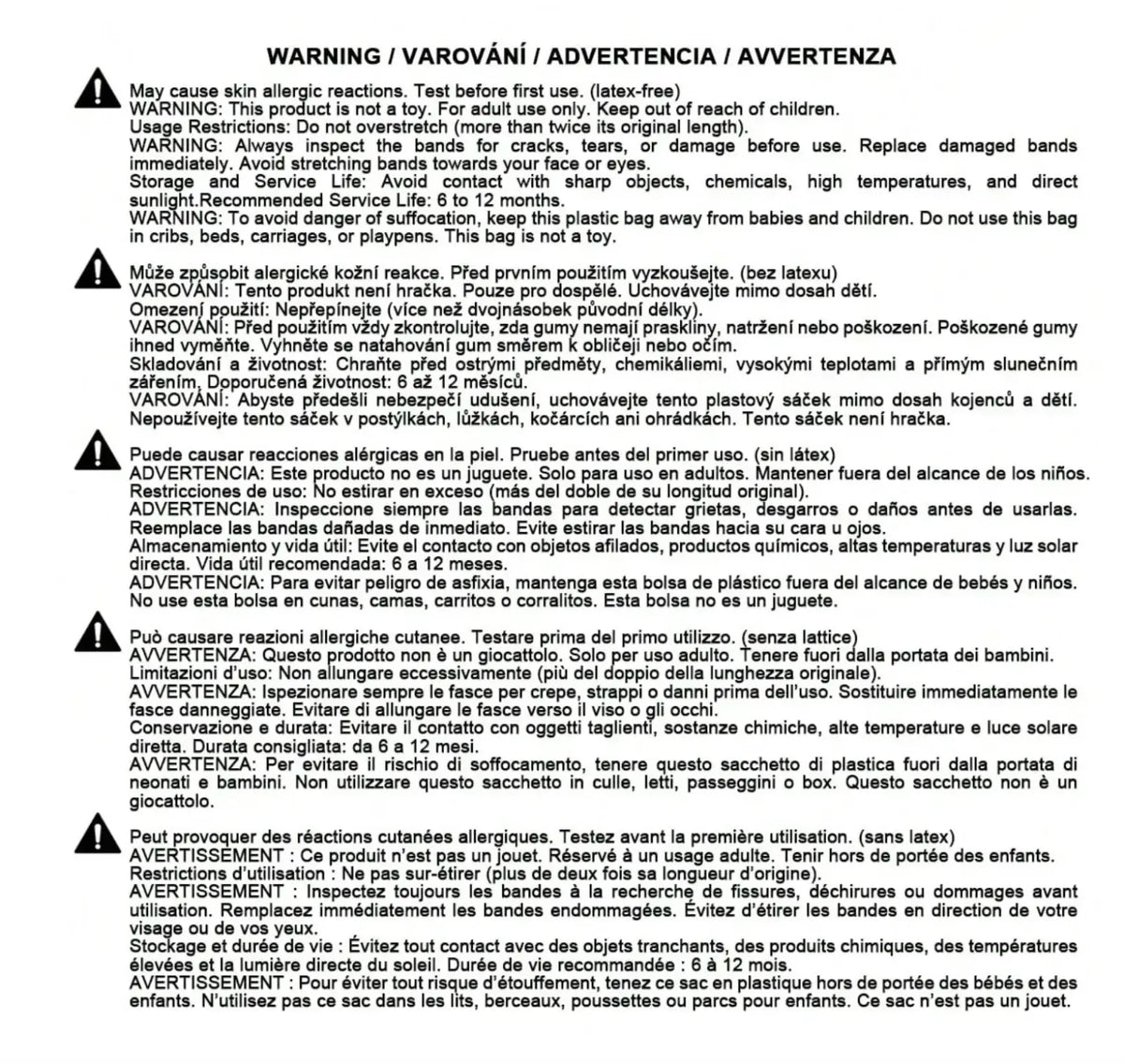 The back side of a resistance bands set for fitness and yoga displays a multilingual plastic bag warning label
