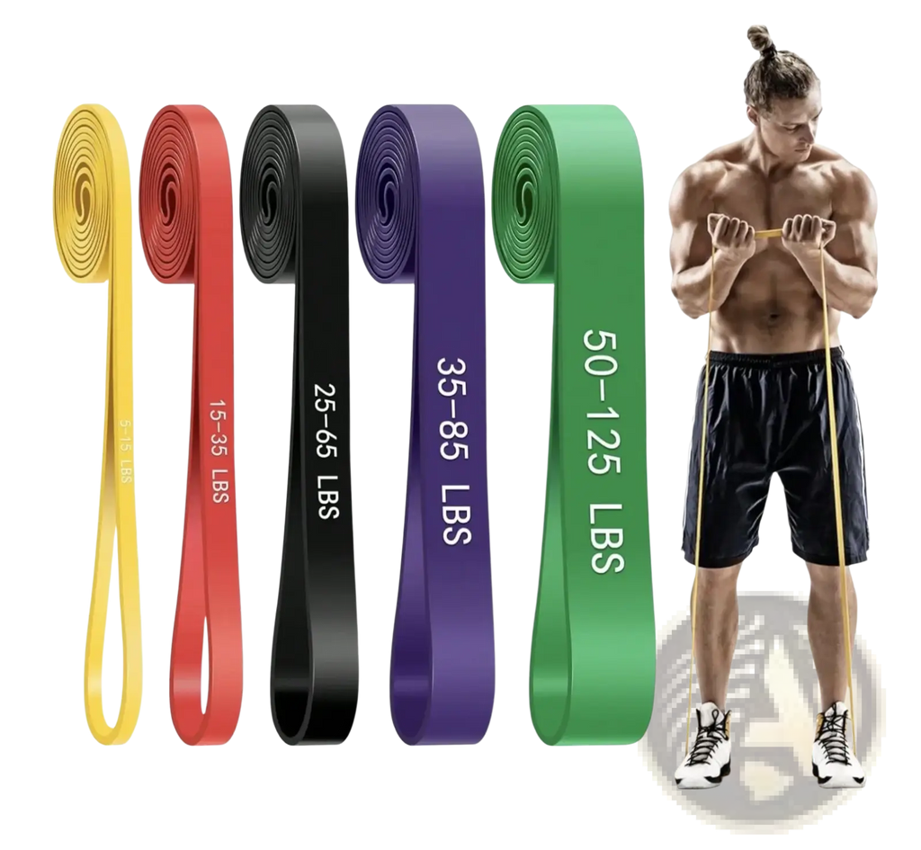 Set of five colorful resistance bands in yellow red black purple and green with printed weight ratings for fitness and yoga training