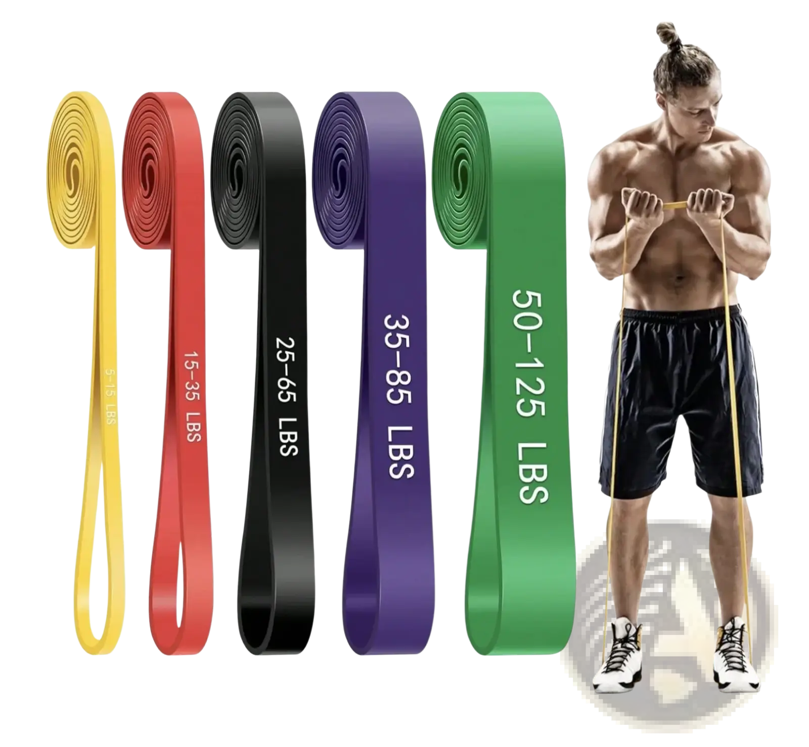Set of five colorful resistance bands in yellow red black purple and green with printed weight ratings for fitness and yoga training