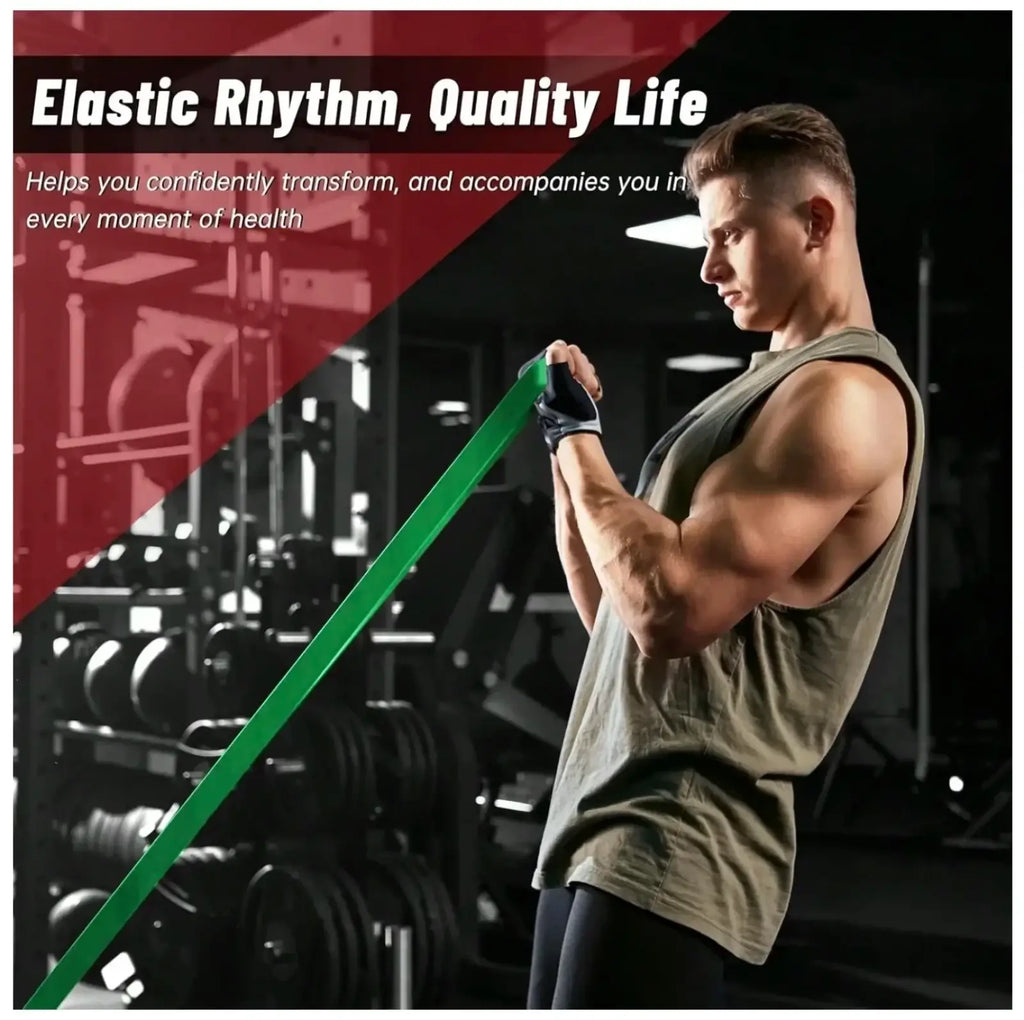 Green elastic resistance band made of durable material held in a man’s hand for fitness and yoga training