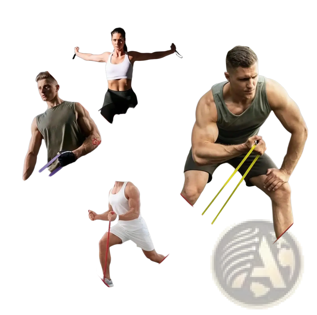 Resistance bands set featuring multicolored purple yellow and red elastic bands for fitness and yoga training use