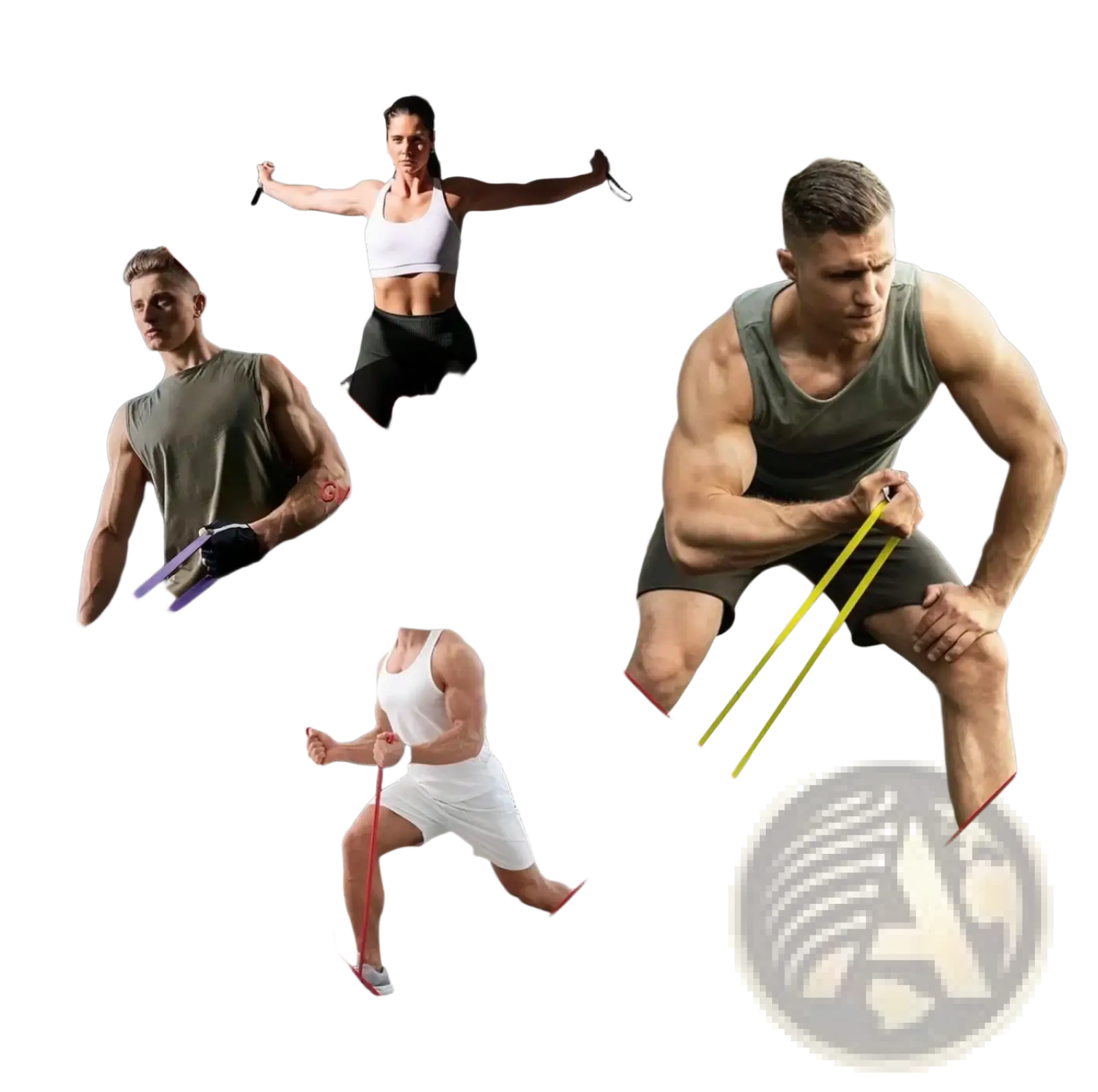 Resistance bands set featuring multicolored purple yellow and red elastic bands for fitness and yoga training use