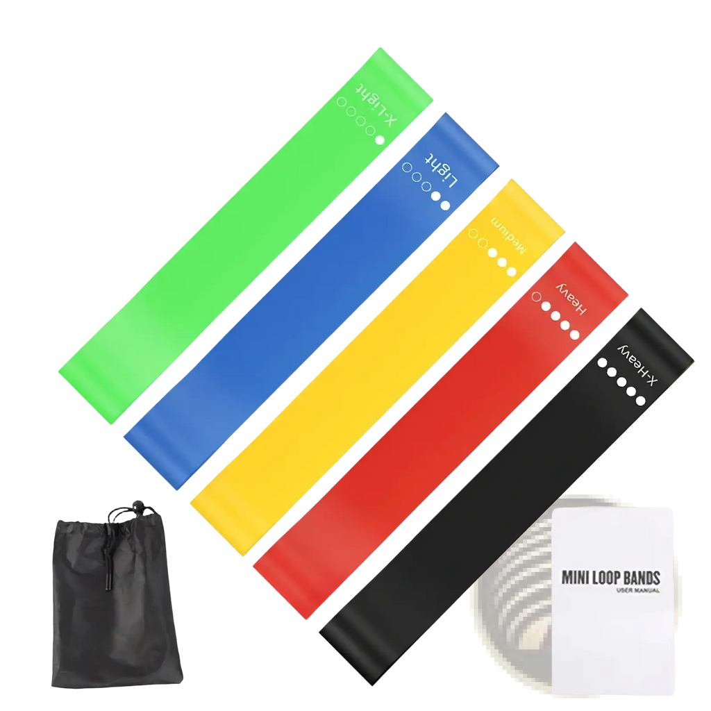 Set of five colorful tpe resistance bands in green blue yellow red and black for home fitness workout