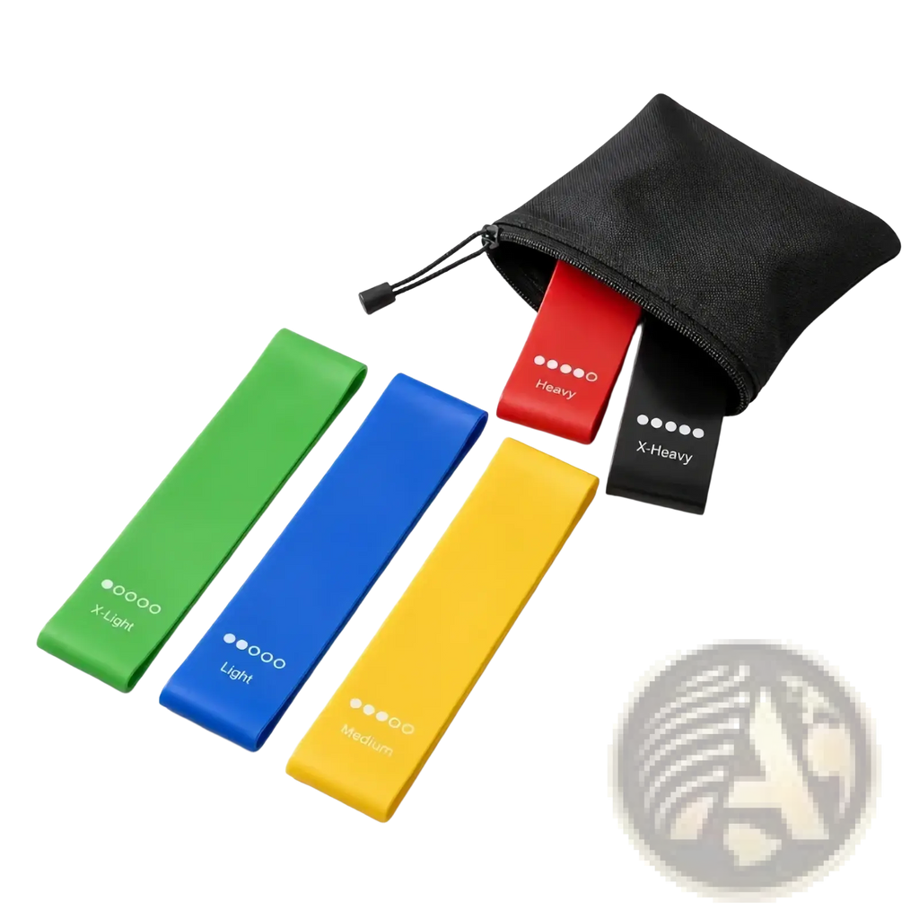 Resistance bands set for home fitness workout with colorful elastic bands in green blue yellow red and black labeled by resistance level