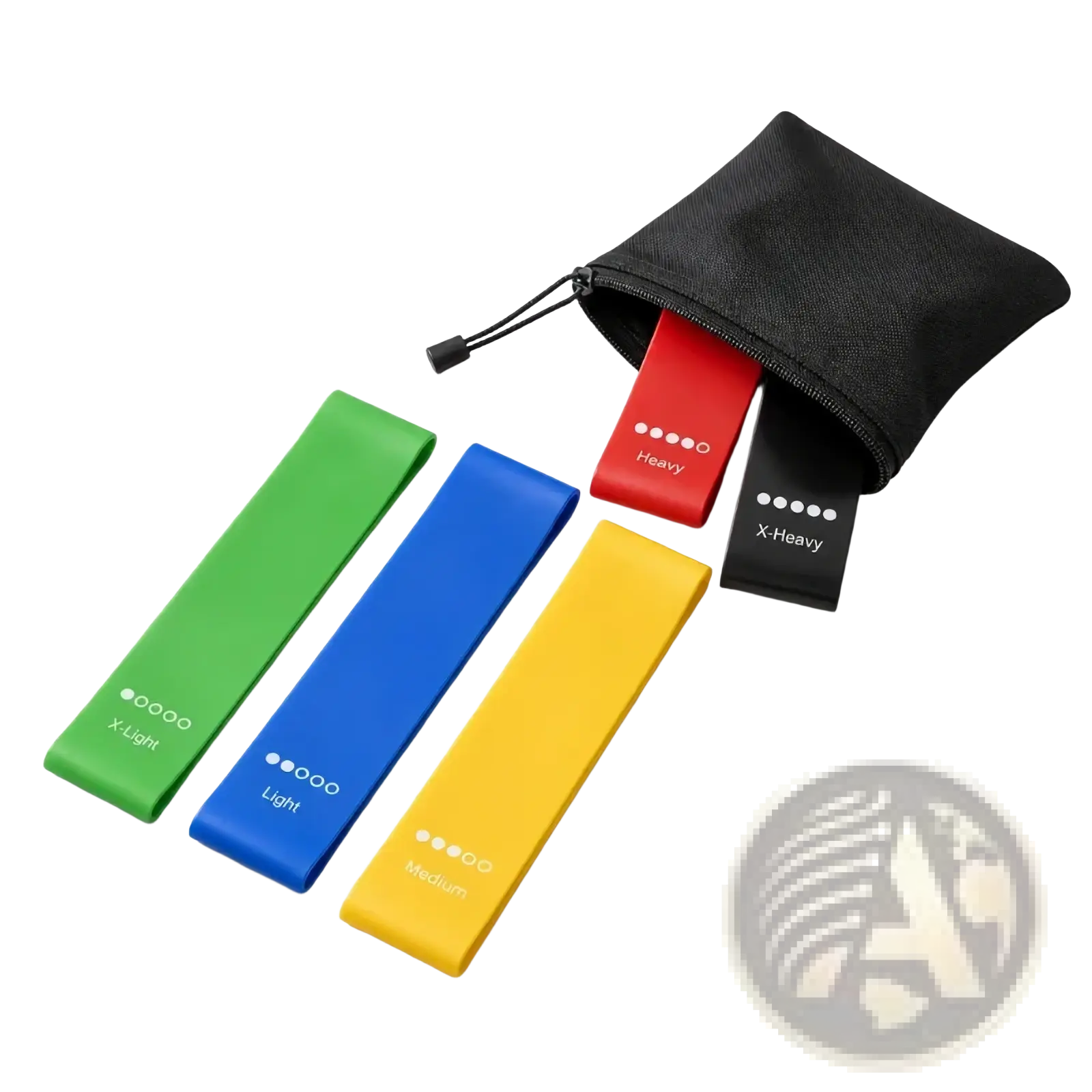 Resistance bands set for home fitness workout with colorful elastic bands in green blue yellow red and black labeled by resistance level