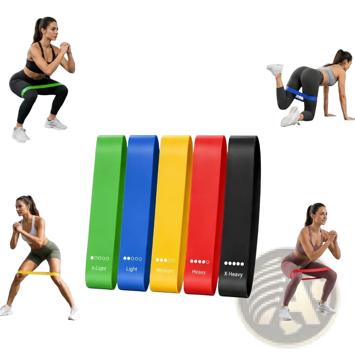 Set of five loop resistance bands in green blue yellow red and black for home fitness workout use