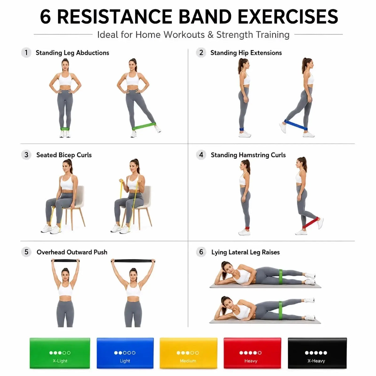Green resistance band made of durable material for standing leg abductions in a home fitness workout set