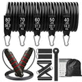 Set of five black resistance bands with silver carabiners, weight labels, jump rope, straps, guide, and storage bag for home gym
