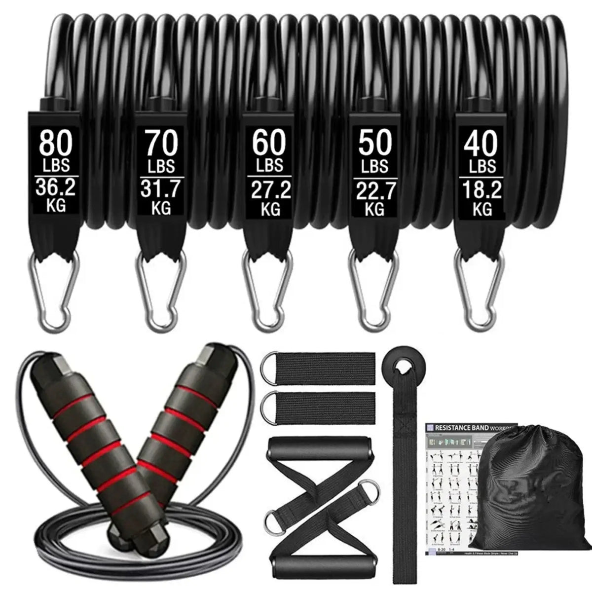 Set of five black resistance bands with silver carabiners, weight labels, jump rope, straps, guide, and storage bag for home gym
