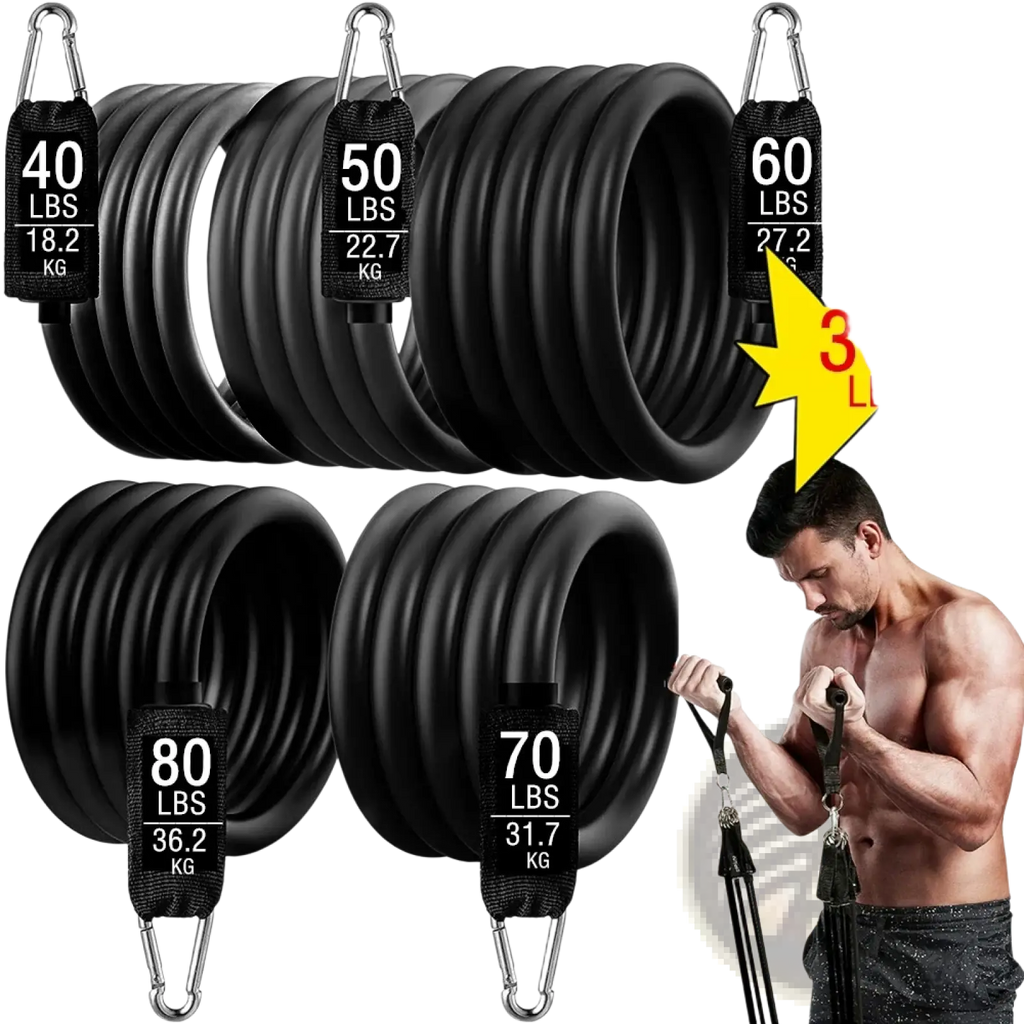 Resistance bands set for home gym workout in black rubber with varying weights and metal carabiner attachments