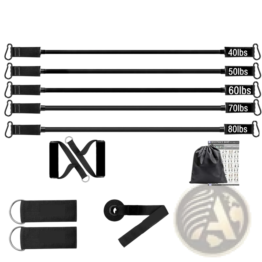 Set of five black resistance bands with adjustable handles and labeled tension from 40lbs to 80lbs for home gym workouts