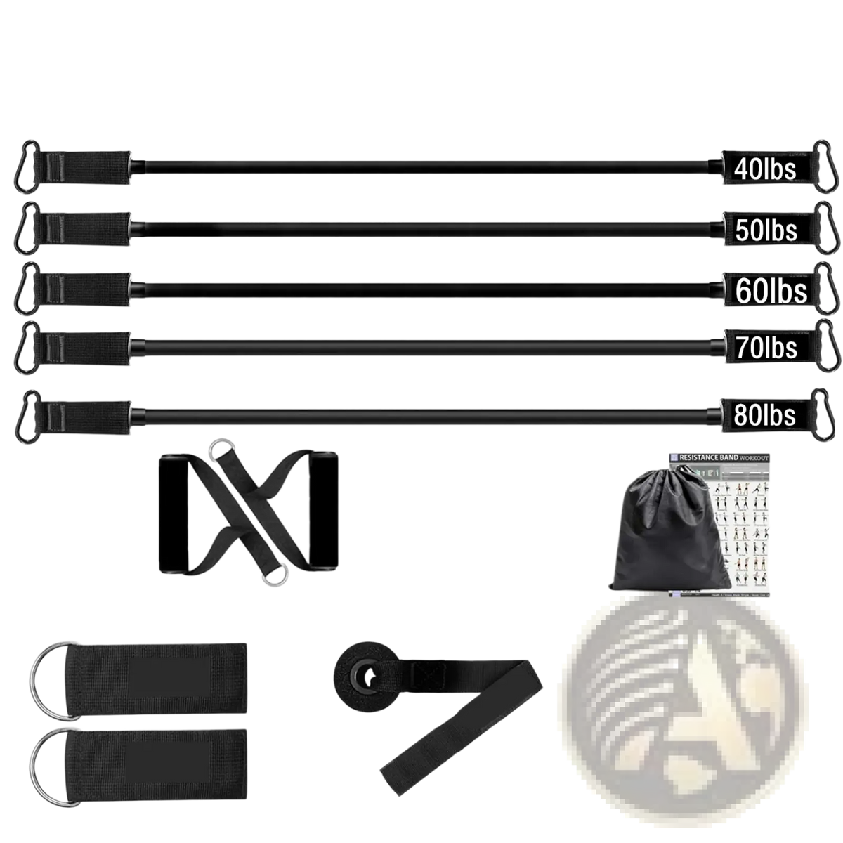 Set of five black resistance bands with adjustable handles and labeled tension from 40lbs to 80lbs for home gym workouts