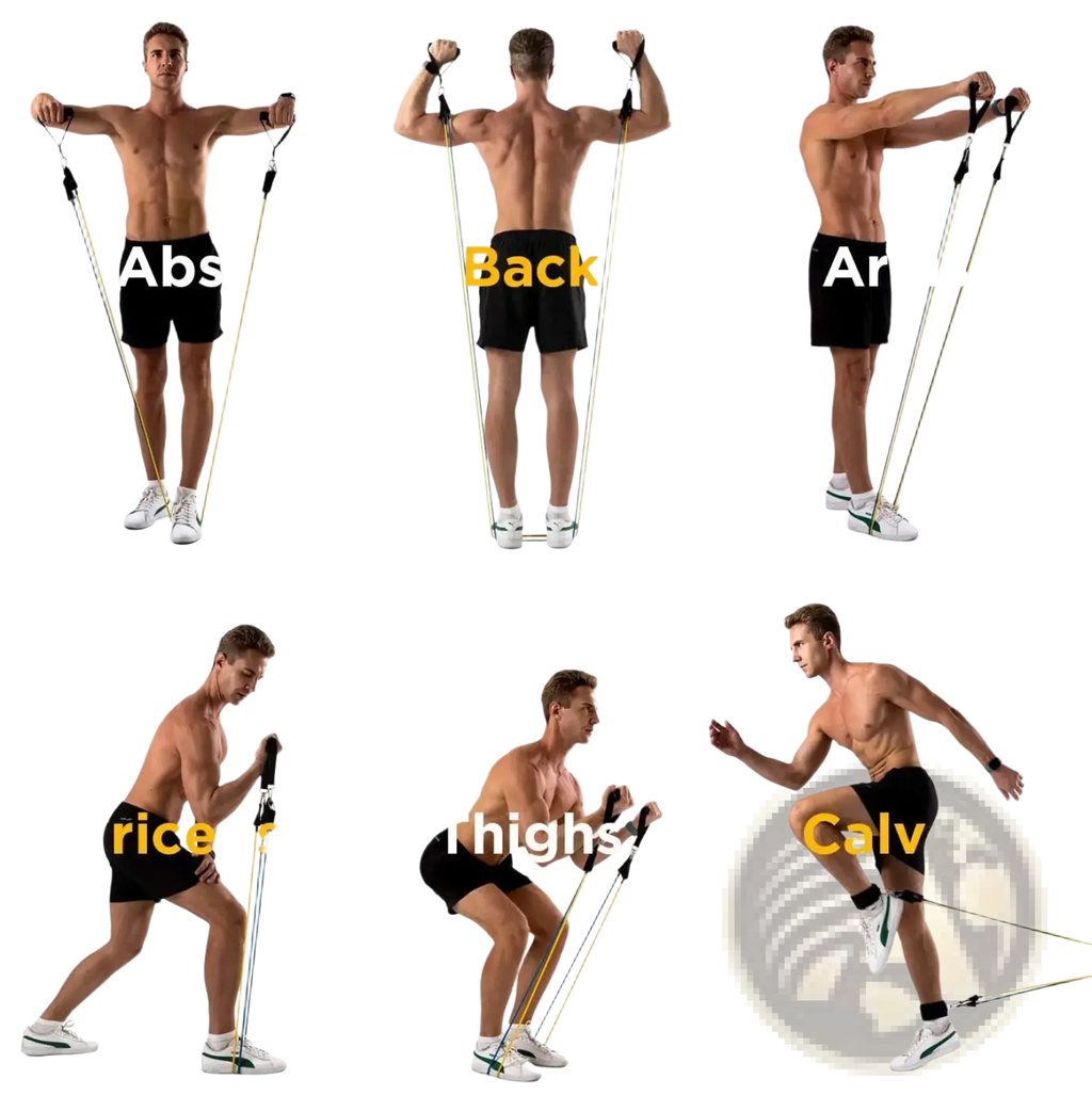 Resistance bands set for home gym workout in yellow and black made of durable elastic material for strength training