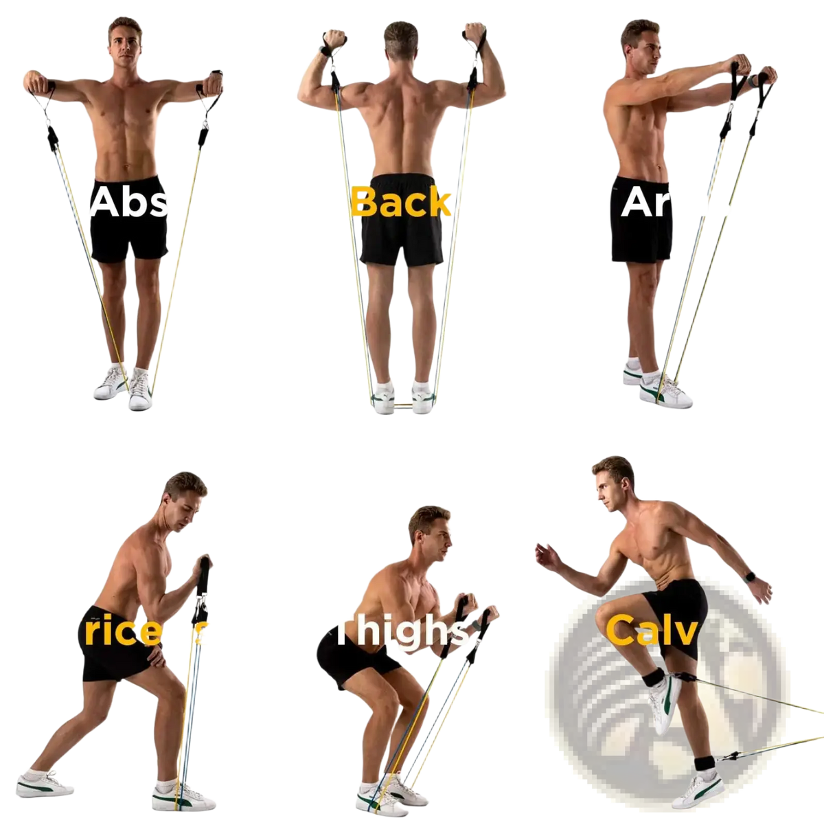 Resistance bands set for home gym workout in yellow and black made of durable elastic material for strength training