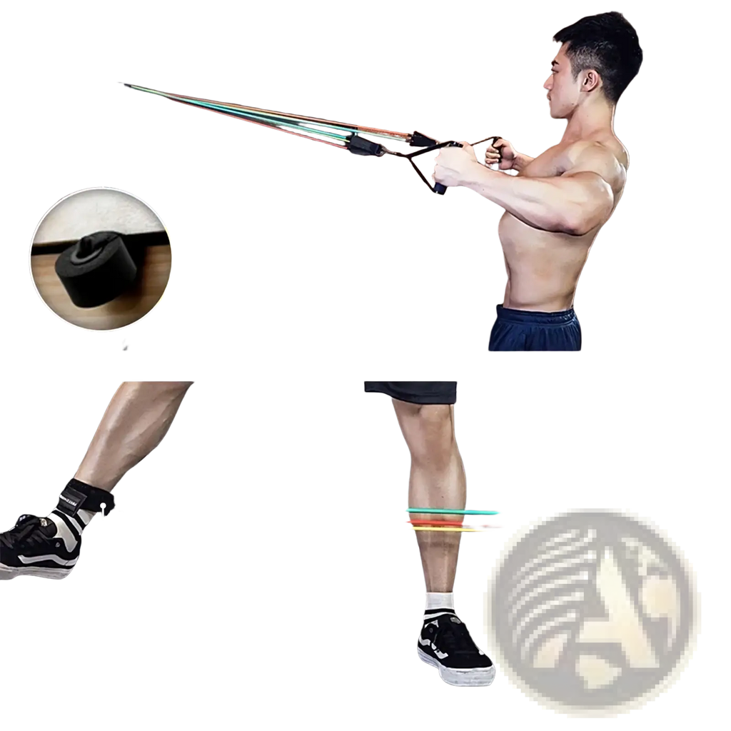 Resistance bands set with multicolored elastic bands, black ankle straps, and door anchor for home workout fitness training