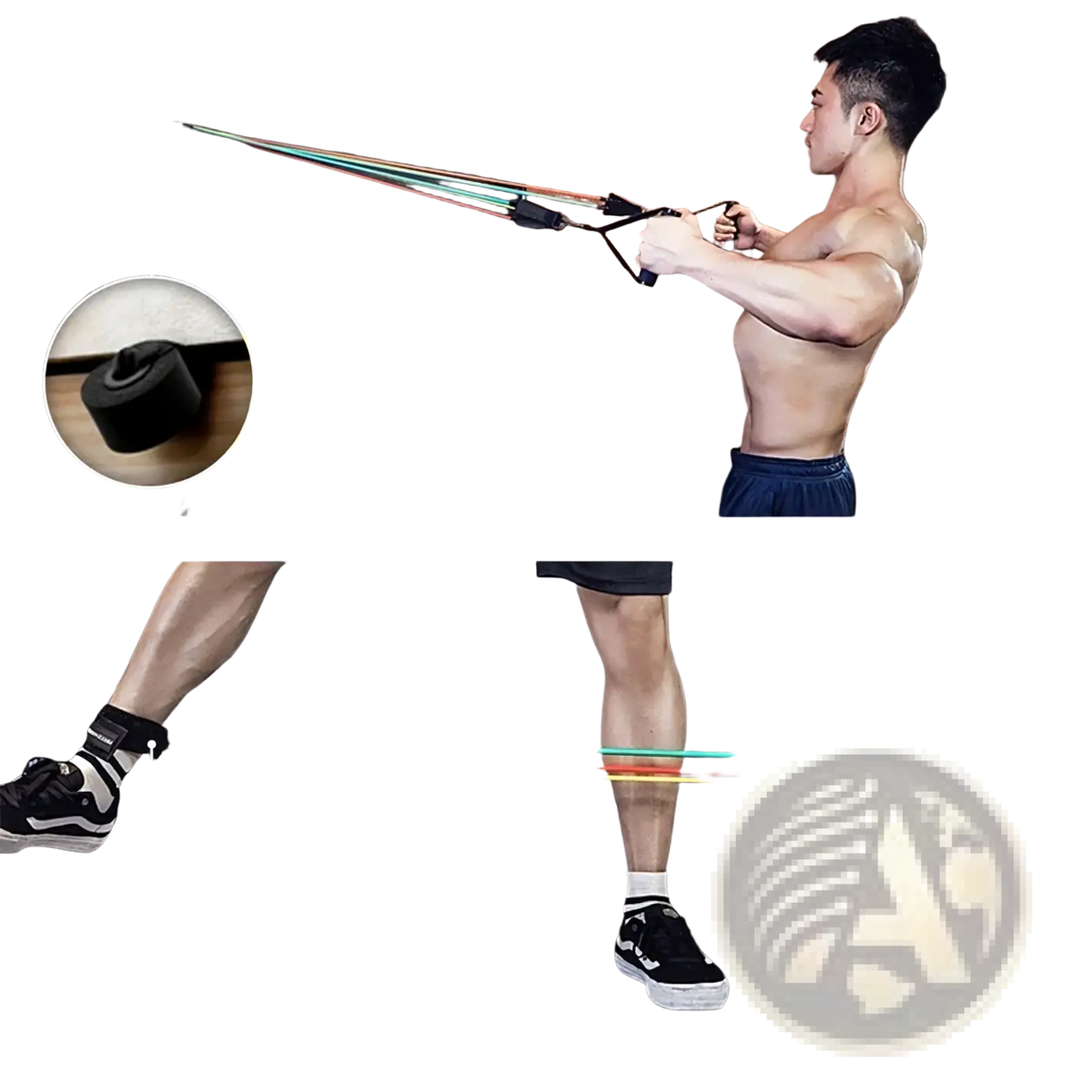 Resistance bands set with multicolored elastic bands, black ankle straps, and door anchor for home workout fitness training